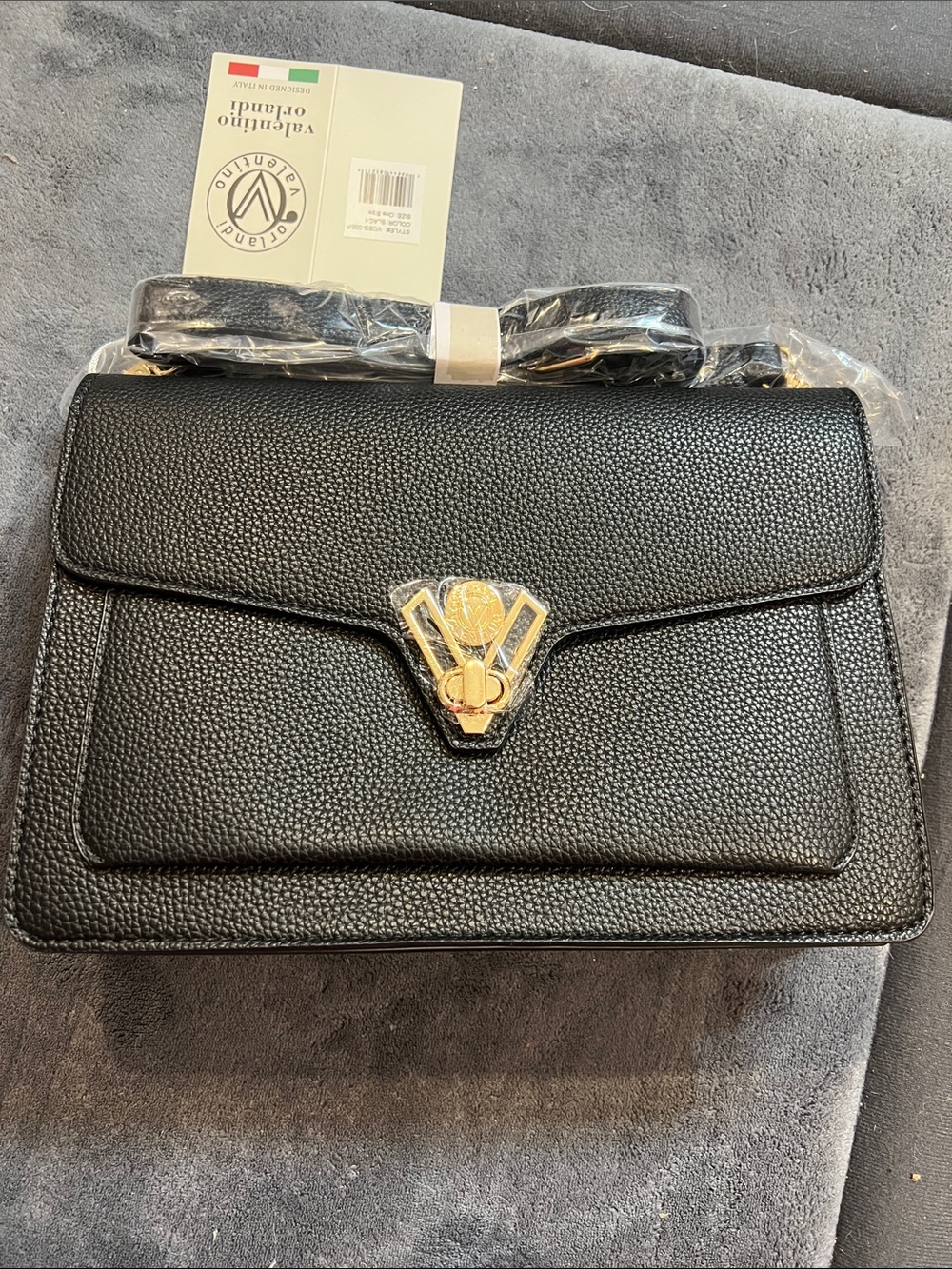 Valentino Orlandi Black Pebbled Leather Crossbody with Gold-Tone Emblem